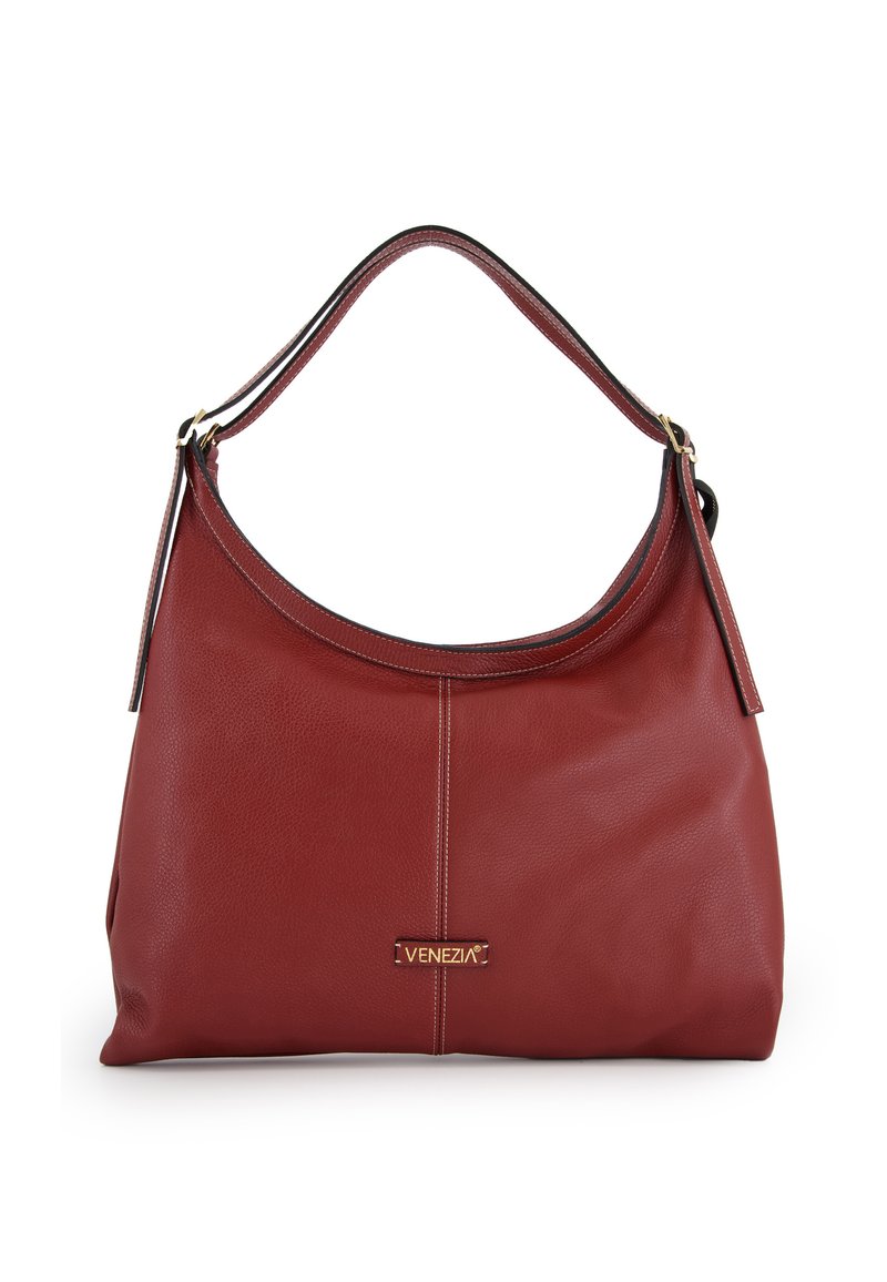 Red leather hobo bag with a smooth texture, curved handle, gold-tone logo detail, and contrasting stitching running vertically along the front.