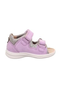 Violette Wildledersandale mit zwei verstellbaren Riemen, grauen Akzenten, offener Zehenpartie und einer strukturierten weißen Gummisohle.