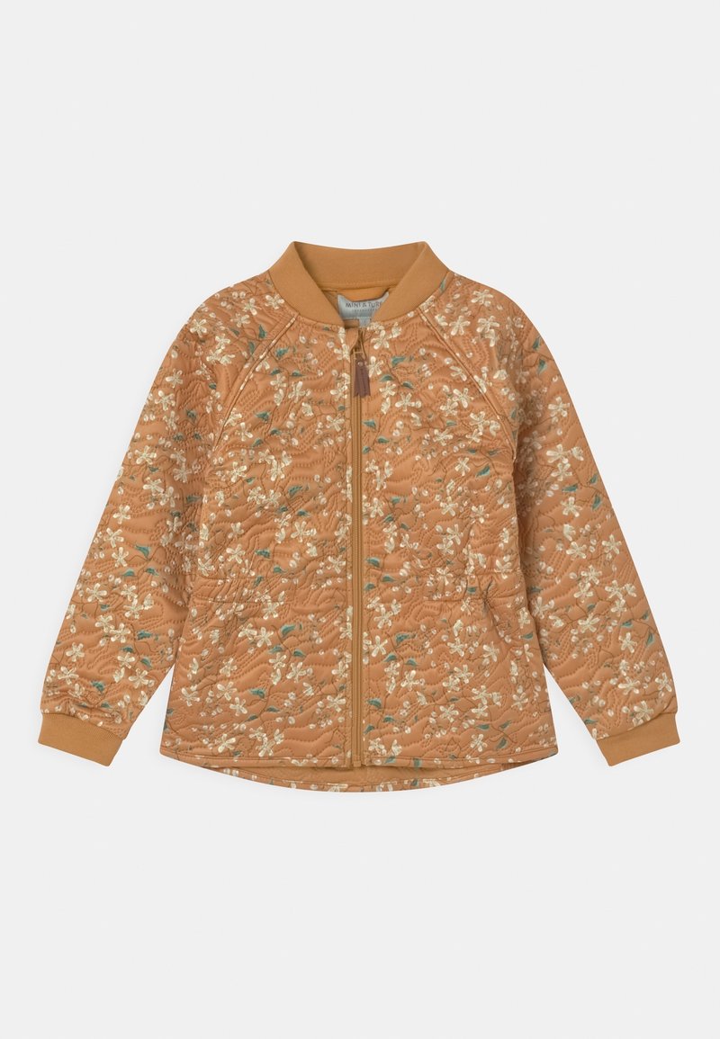Quilted bomber jacket in warm brown with floral pattern. Features a zipper front and ribbed cuffs. Soft fabric with a textured finish.