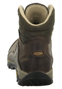 Braune Leder-Wanderschuhe mit gepolstertem Schaft, verstärkter Ferse und strukturieller Gummisohle; mit Branding und einer kleinen Schlaufe an der Rückseite.