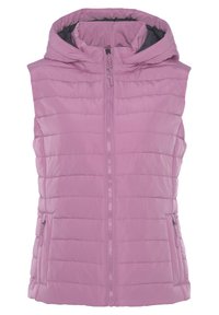 Rosa gepolsterte Weste mit hohem Kragen und Kapuze, ausgestattet mit einem Frontreißverschluss und zwei seitlichen Taschen. Die Oberfläche hat eine gesteppte Textur.