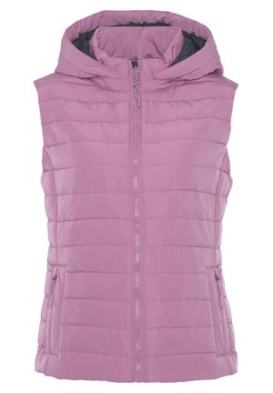 Rosa gepolsterte Weste mit hohem Kragen und Kapuze, ausgestattet mit einem Frontreißverschluss und zwei seitlichen Taschen. Die Oberfläche hat eine gesteppte Textur.