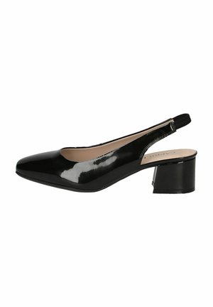 Black patent leather slingback shoe with a rounded toe, low block heel, and a polished finish. Minimalist design with a supportive back strap.