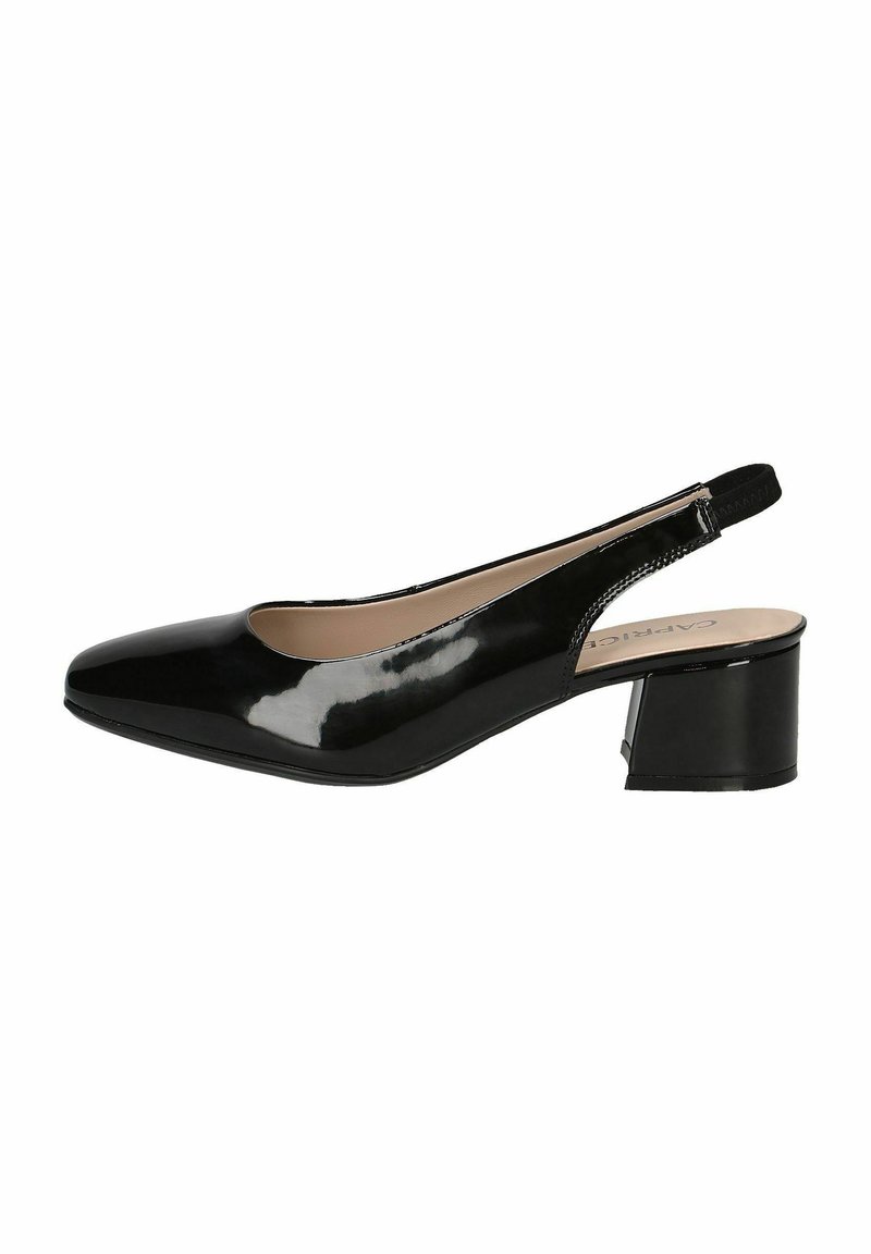 Černá lakovaná kožená slingback bota s kulatou špičkou, nízkým blokovým podpatkem a lesklým povrchem. Minimalistický design s podpůrnou zadní páskou.