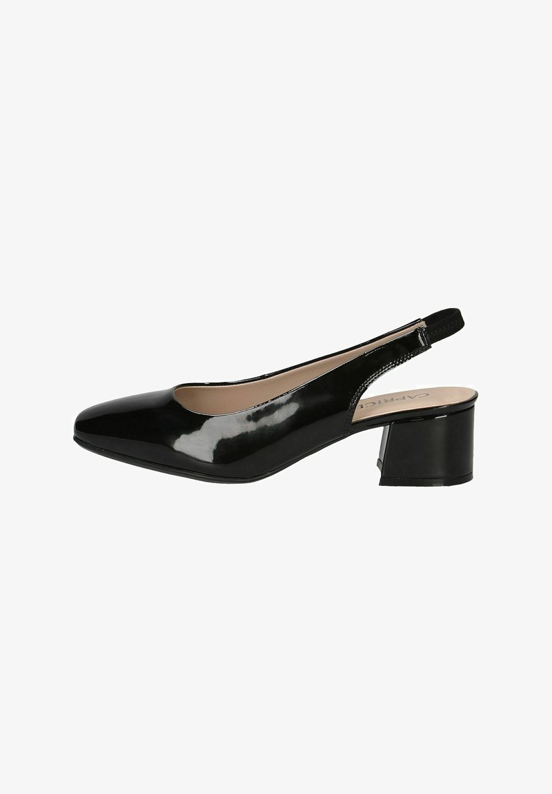 Černá lakovaná kožená slingback bota s kulatou špičkou, nízkým blokovým podpatkem a lesklým povrchem. Minimalistický design s podpůrnou zadní páskou.