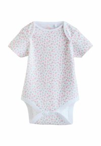 Trumpomis rankovėmis balta medvilnės bodis su rožinės spalvos gėlių raštu, apačioje užsegamas spaustukais, kontrastinga apdaila.