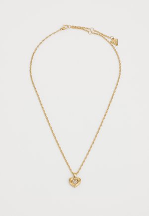 Collier en or avec une chaîne torsadée et un pendentif en forme de cœur ornée d'un petit cristal au centre. Fermeture réglable à l'arrière.
