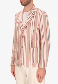 Blazer beige texturizzato con strisce rosse e blu navy, dotato di rever a punta, due bottoni e tasche frontali. Design casual.