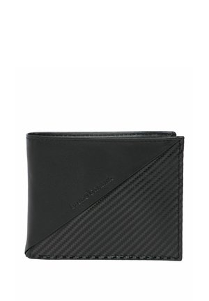 Zwarte bifold portemonnee met gladde en gestructureerde koolstofvezel-stijlpanelen, subtiel reliëflogo aan de voorkant.