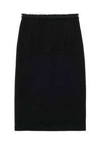 Jupe crayon noire avec une taille frangée texturée, coupe droite et détails minimaux. Fabriquée dans un tissu lisse avec un léger stretch.