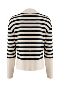 Maglione a coste con un motivo a righe bianche e nere, maniche lunghe e una vestibilità rilassata. Tessuto testurizzato con scollo a V.