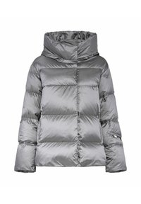 Szara kurtka puchowa z wysokim, marszczonym kapturem, pikowanym wzorem i dużymi przeszytymi sekcjami. Posiada boczne kieszenie i gładką, błyszczącą teksturę.
