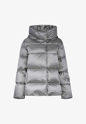 Szara kurtka puchowa z wysokim, marszczonym kapturem, pikowanym wzorem i dużymi przeszytymi sekcjami. Posiada boczne kieszenie i gładką, błyszczącą teksturę.