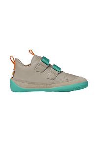 Children's beige sneaker with turquoise sole and green velcro straps, featuring orange pull tabs at heel and tongue.