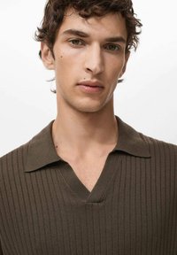 Bruin geribbeld gebreid poloshirt met een V-hals en een opgevouwen kraag, met verticale strepen en een gladde textuur.