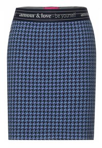 Sukně po kolena v modro-černém kostkovaném vzoru, s kontrastním černým elastickým pasem s nápisem "amour & love - buď sám sebou."