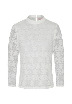 Weißes Spitzenoberteil mit hohem Kragen und langen Ärmeln. Blumendesign und einfarbiger Rücken, mit einer kleinen Schlüssellochöffnung am Hals.