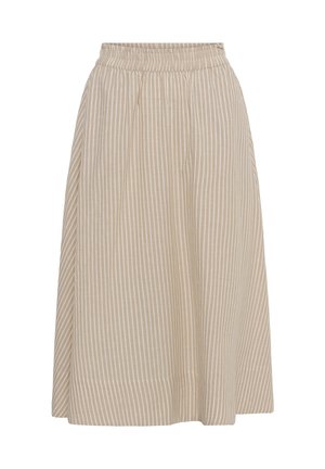 Bézs midi szoknya függőleges fehér csíkokkal és rugalmas derékpánttal, légies anyagból, enyhén A-vonalú szabással.