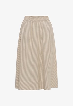 Bézs midi szoknya függőleges fehér csíkokkal és rugalmas derékpánttal, légies anyagból, enyhén A-vonalú szabással.