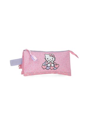 Estuche rectangular rosa con cremallera, decorado con un gato de dibujos animados que sostiene corazones púrpuras y rosas, y una asa de tela lavanda.