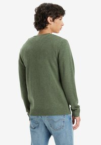 Groene gebreide trui met geribde manchetten en zoom, met een klassieke ronde halslijn, gemaakt van zachte stof, gedragen over blauwe jeans.
