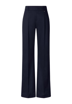 Pantalon de costume bleu marine à jambes larges avec passants de ceinture, détails de couture avant et taille ajustée.