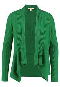 Grön ribbad cardigan med öppen framsida, långa ärmar, texturerad tyngd och en svängig form, med ett lagerutseende.