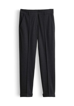 Pantaloni grigi scuri realizzati in tessuto testurizzato, con davanti piatto, due tasche laterali e risvolti sull'orlo, dal design slim fit.