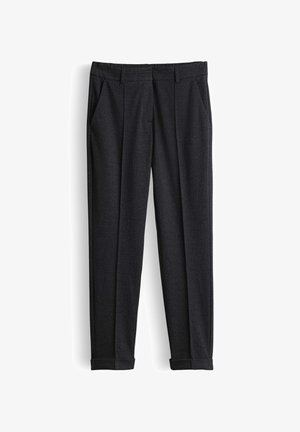 Dunkelgraue Hose aus strukturiertem Stoff, mit flachem Bund, zwei Seitentaschen und Bündchen am Saum, im taillierten Schnitt.
