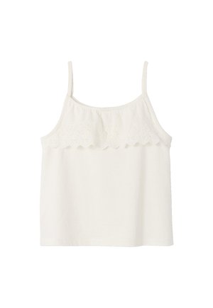 White sleeveless crop top with thin straps and a scalloped, embroidered lace overlay across the chest.