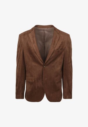 Brown suede blazer with a notched lapel, single button closure, two front pockets, and smooth inner lining. Textured surface adds depth.