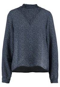 Blusa blu navy a maniche lunghe con un alto colletto arricciato e un sottile motivo floreale bianco; tessuto morbido e strutturato; orlo arrotondato.