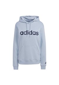 Haut à capuche Adidas bleu clair avec poche avant, cordon de serrage à la capuche, grand logo "adidas" noir sur la poitrine, petit logo sur la manche.