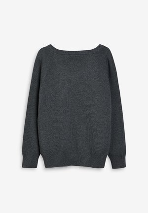 Tumši pelēks adīts džemperis ar platu, apaļu izgriezumu, garām piedurknēm un ribotām aprocēm un apakšu, ar mīkstu, teksturētu apdari.