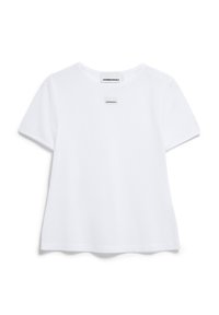 White short-sleeve t-shirt made of textured fabric, featuring a small rectangular brand label on the chest and a rounded neckline.