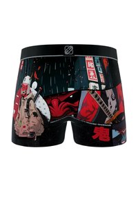Boxers noirs ornés de graphiques rouges et bleus audacieux, incluant des personnages et des motifs, avec une ceinture noire embossée du logo.
