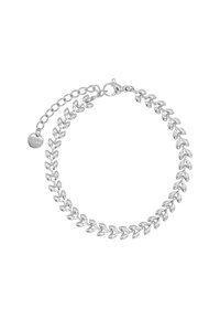 Bracciale in argento con maglie a forma di foglia, finitura lucida e chiusura a moschettone. Catena regolabile con un piccolo ciondolo rotondo attaccato.