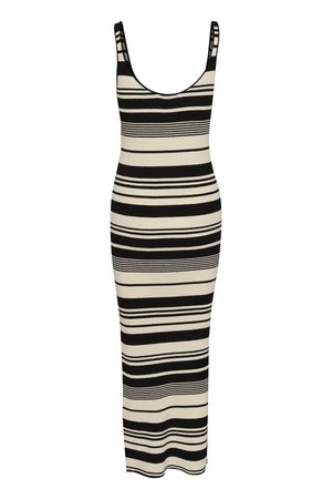 Abito in maglia con scollatura a barca, caratterizzato da righe orizzontali alternate nere e crema. Silhouette aderente con spalline.
