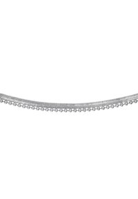 Zilveren ketting met aan elkaar gelinkte platte secties en een rij kleine ronde kralen langs de onderrand. Gladde textuur met een reflecterende afwerking.