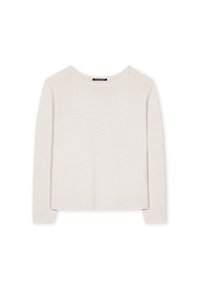 Hellbeige, langärmliges Strickoberteil mit einem Rundhalsausschnitt, das über eine strukturierte Oberfläche und seitliche Schlitze am Saum für mehr Bewegungsfreiheit verfügt.