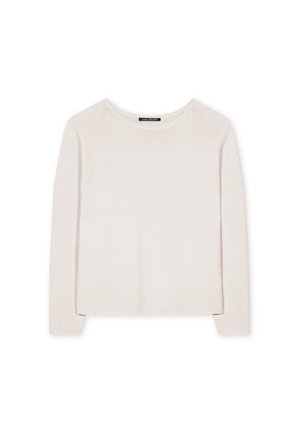 Light beige long-sleeve knit top with a scoop neck, featuring a textured surface and side slits at the hem for ease of movement.