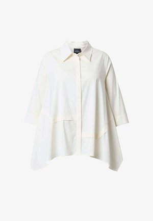 Weißes übergroßes Hemd mit Kragen und langen Ärmeln. Verfügt über eine Knopfleiste vorne, einen geraden Saum und eine dezente Textur.