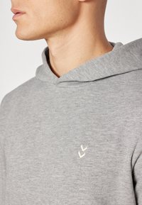 Close-up af en person iført en lysegrå hættetrøje med en lille hvid dobbelt-chevron-logo på brystet.