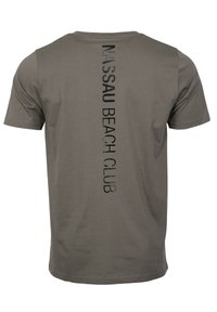 Olive green cotton t-shirt with short sleeves, featuring vertical black text "Nassau Beach Club" on the back. Simple design, regular fit.