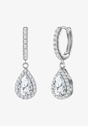 Pendientes de gota de plata con una gema en forma de pera rodeada de piedras claras más pequeñas, con un diseño elegante y pulido y una estructura colgante.