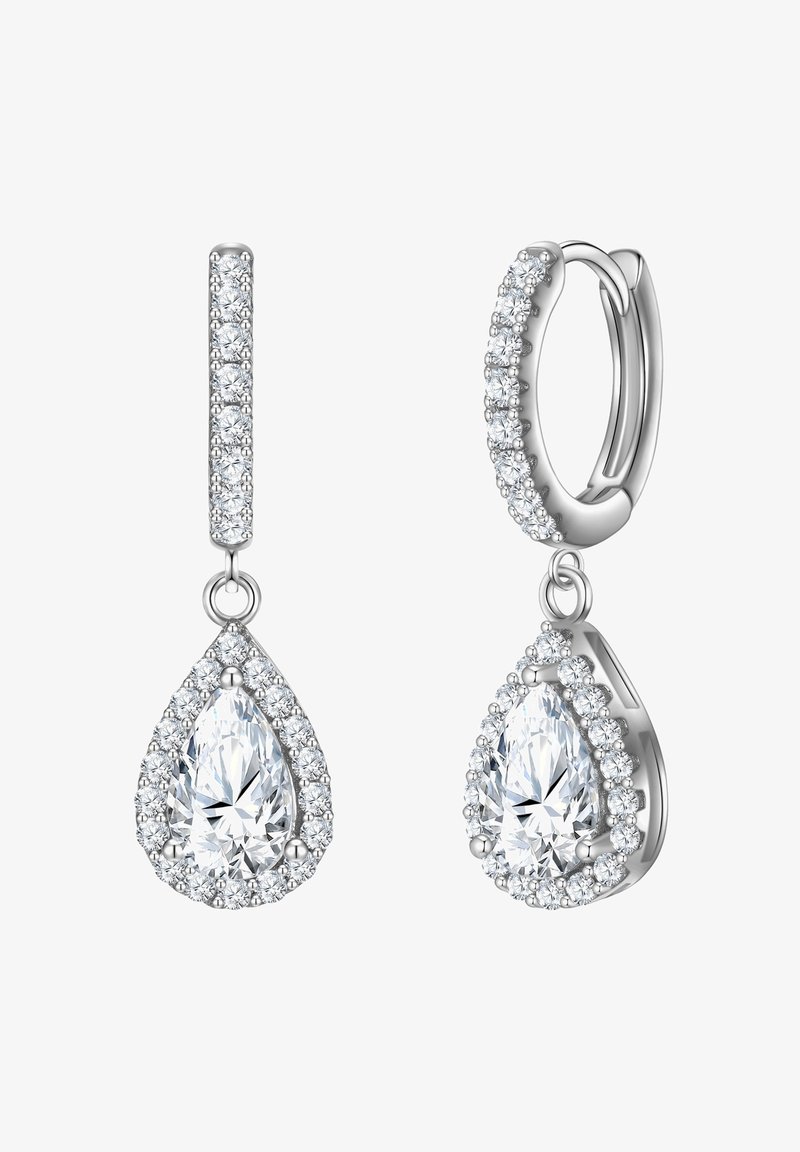 Ezüst csepp fülbevalók, amelyek körte alakú drágakővel vannak díszítve, apróbb átlátszó kövekkel körülvéve, elegáns, fényes kivitelben és lógó szerkezettel.