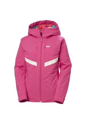 Pink waterproof jacket with a hood, featuring white stripes across the chest, two front zip pockets, and a colorful inner lining.