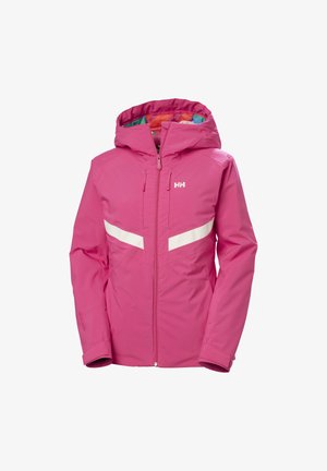 Roze waterdichte jas met capuchon, voorzien van witte strepen op de borst, twee voorste zipzakken en een kleurrijke binnenvoering.