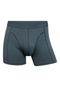 Herreboxershorts i mørk teal stof, med en logo-linning, glat tekstur og et tætsiddende design med støtte til fronten.