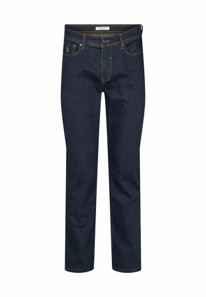 Mørkeblå jeans med lige ben, fem lommer, gule syninger, knappelukning og et lille Polo-logo på det højre forreste lomme.